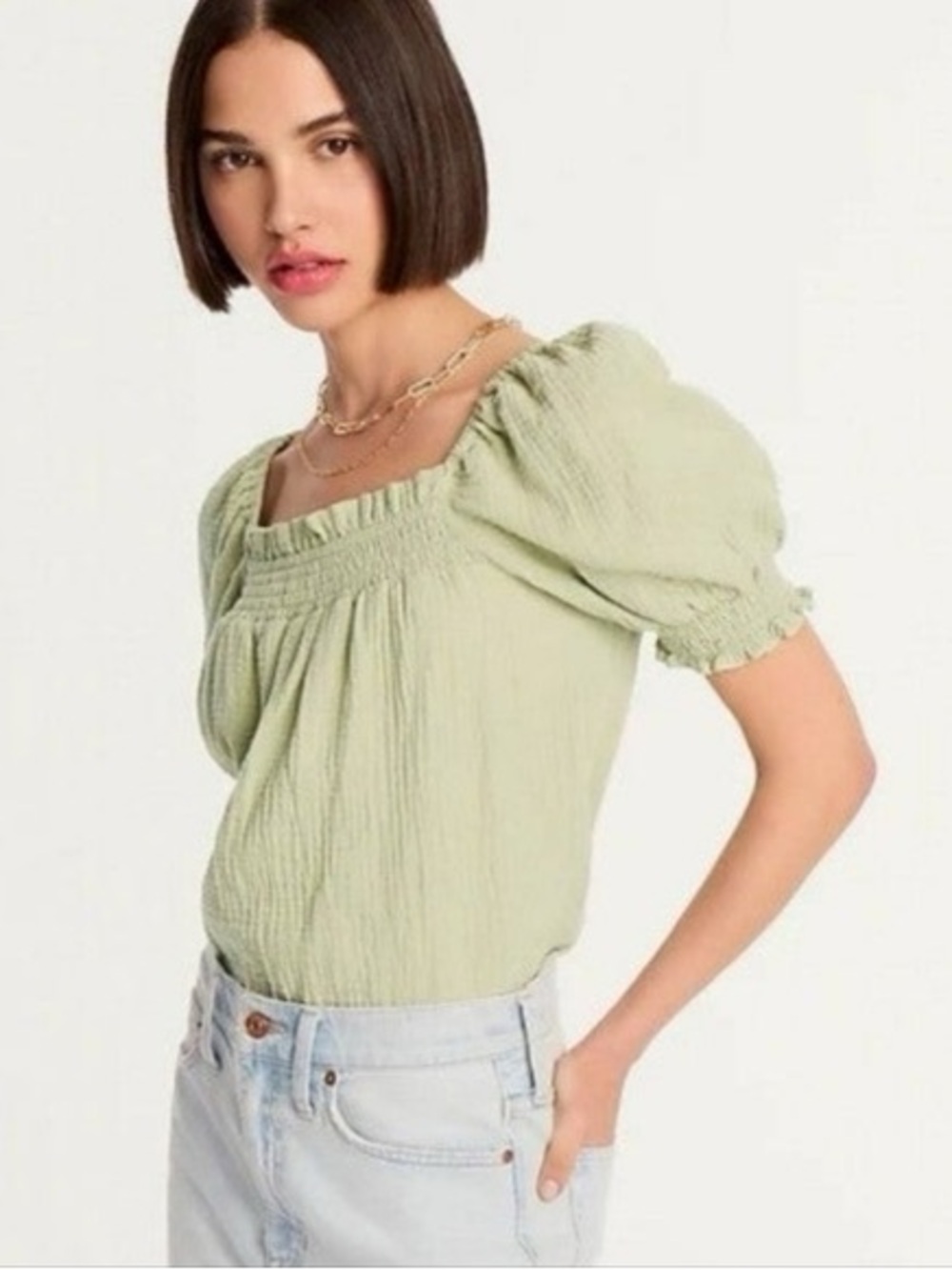 J. Crew Green Puff-Sleeve Square Neck Cotton Gauze Short Sleeve Top